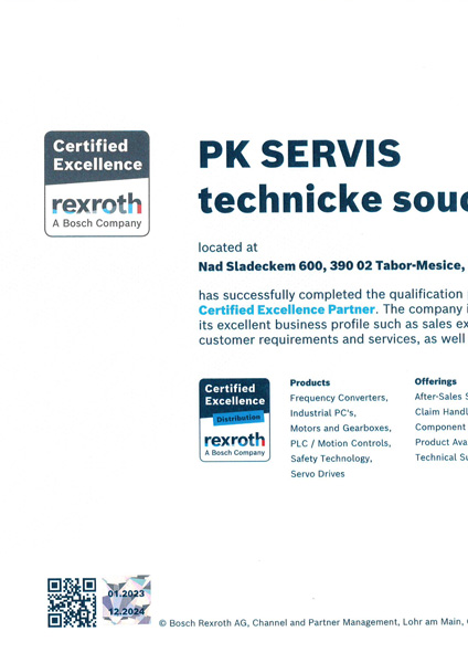 Certifikát PK SERVIS - rexroth Bosch - elektrické pohony