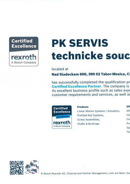 Certifikát PK SERVIS - rexroth Bosch - lineární vedení