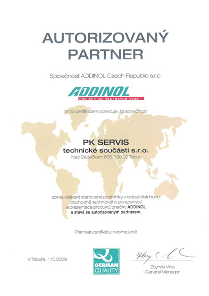 Certifikát PK SERVIS - ADDINOL